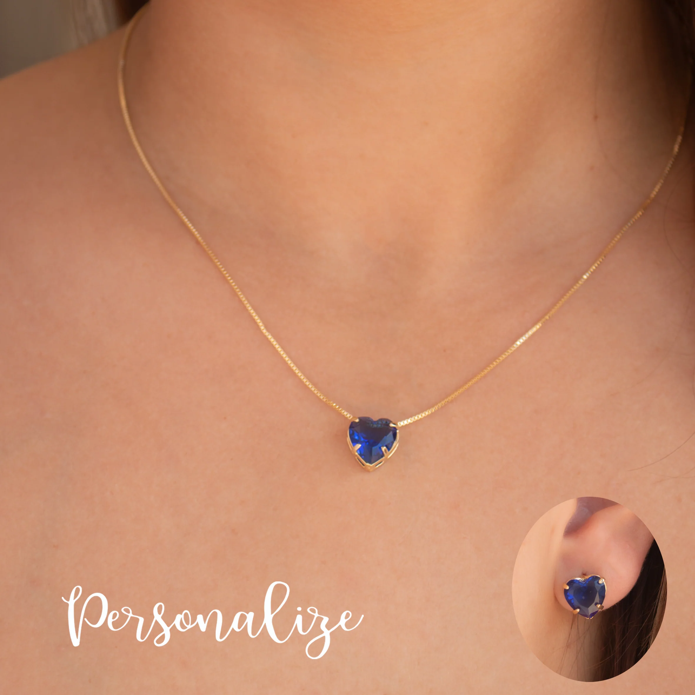 Conjunto Fio e brincos semijoia coração azul - Image 2