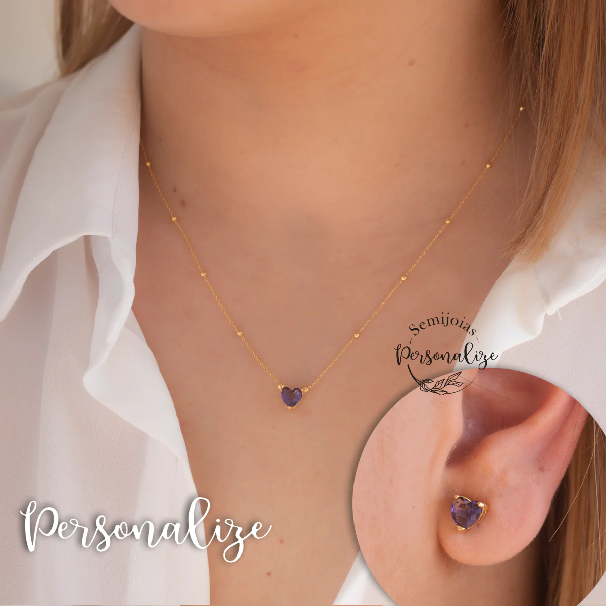 Conjunto semijoia fio e brincos mini coração
